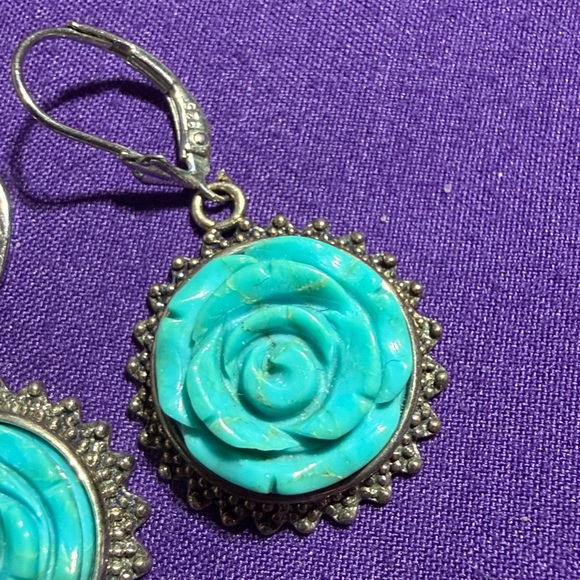 Amy Kahn Russell Sterling Silver Carved Turquoise Rose Dangle Earrings (3) - Picture 3 of 8